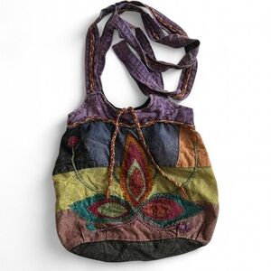 Boho Lotus Patchwork Shoulder Bag - Purple Multicolored Made in Nepal